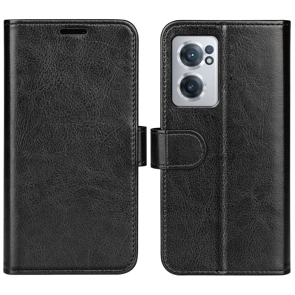Crazy Horse Texture Wallet Phone Case for OnePlus Nord CE 2 5G Magnetic Clasp PU Leather Folio Flip Stand Cover - Black - 1