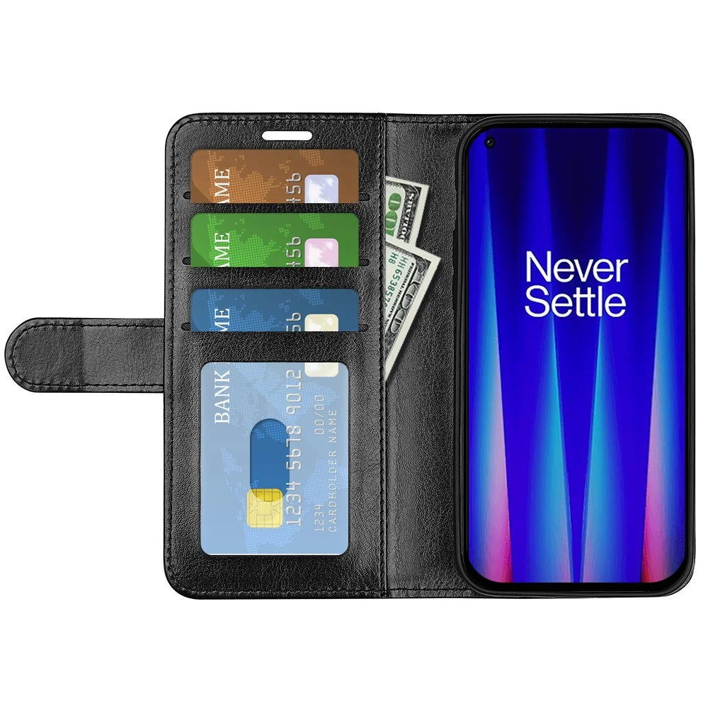 Crazy Horse Texture Wallet Phone Case for OnePlus Nord CE 2 5G Magnetic Clasp PU Leather Folio Flip Stand Cover - Black - 4