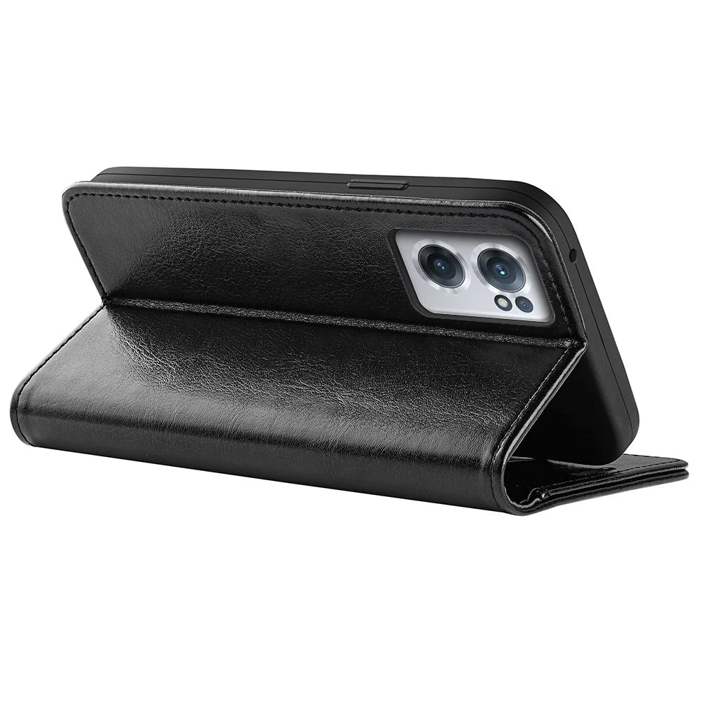 Crazy Horse Texture Wallet Phone Case for OnePlus Nord CE 2 5G Magnetic Clasp PU Leather Folio Flip Stand Cover - Black - 6