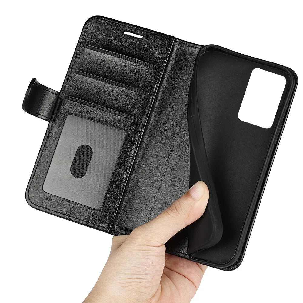 Crazy Horse Texture Wallet Phone Case for OnePlus Nord CE 2 5G Magnetic Clasp PU Leather Folio Flip Stand Cover - Black - 7