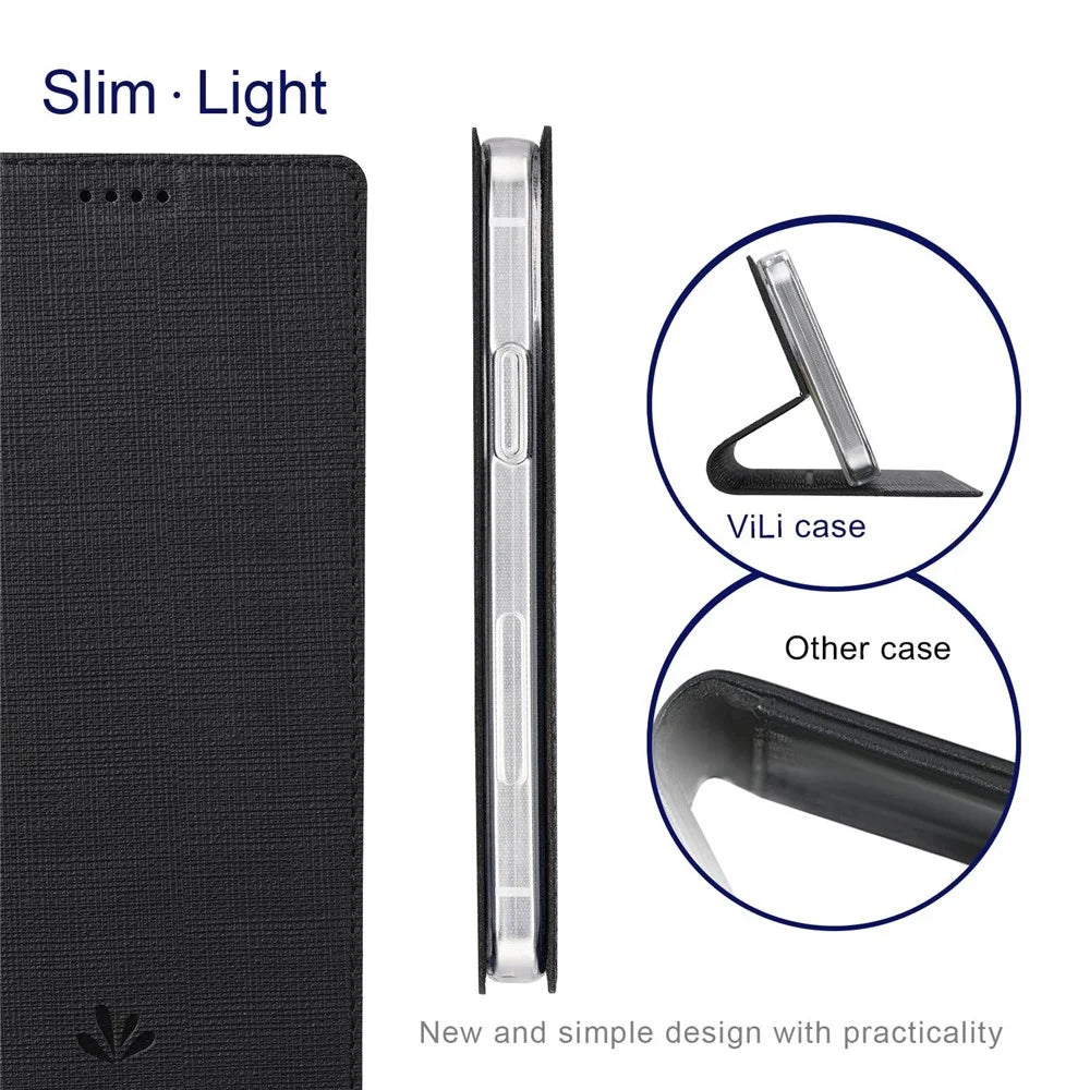 VILI DMX Series for OnePlus Nord CE 2 5G, Automatic Absorption Leather Phone Case Stand Cover with Single Card Slot - Black - 5