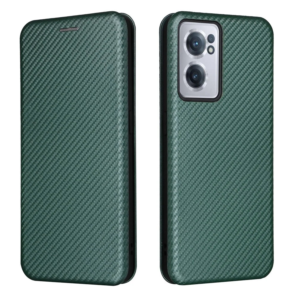 For OnePlus Nord CE 2 5G Carbon Fiber Texture Flip Case PU Leather Strong Magnetic Suction All-Inclusive Protective Cover with Card Holder - Green - 1