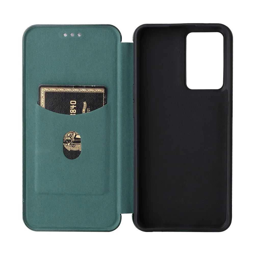 For OnePlus Nord CE 2 5G Carbon Fiber Texture Flip Case PU Leather Strong Magnetic Suction All-Inclusive Protective Cover with Card Holder - Green - 3
