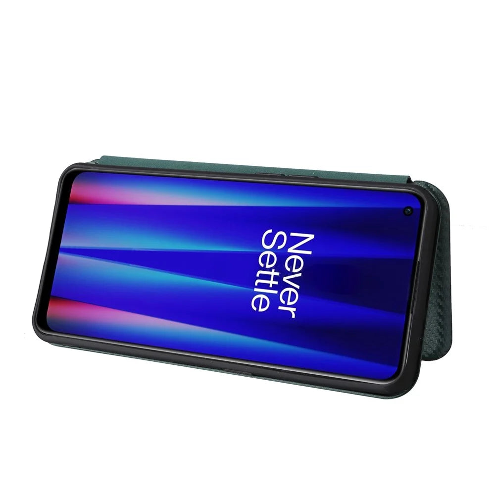 For OnePlus Nord CE 2 5G Carbon Fiber Texture Flip Case PU Leather Strong Magnetic Suction All-Inclusive Protective Cover with Card Holder - Green - 4