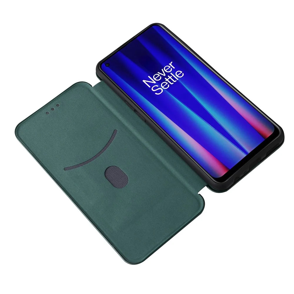 For OnePlus Nord CE 2 5G Carbon Fiber Texture Flip Case PU Leather Strong Magnetic Suction All-Inclusive Protective Cover with Card Holder - Green - 5
