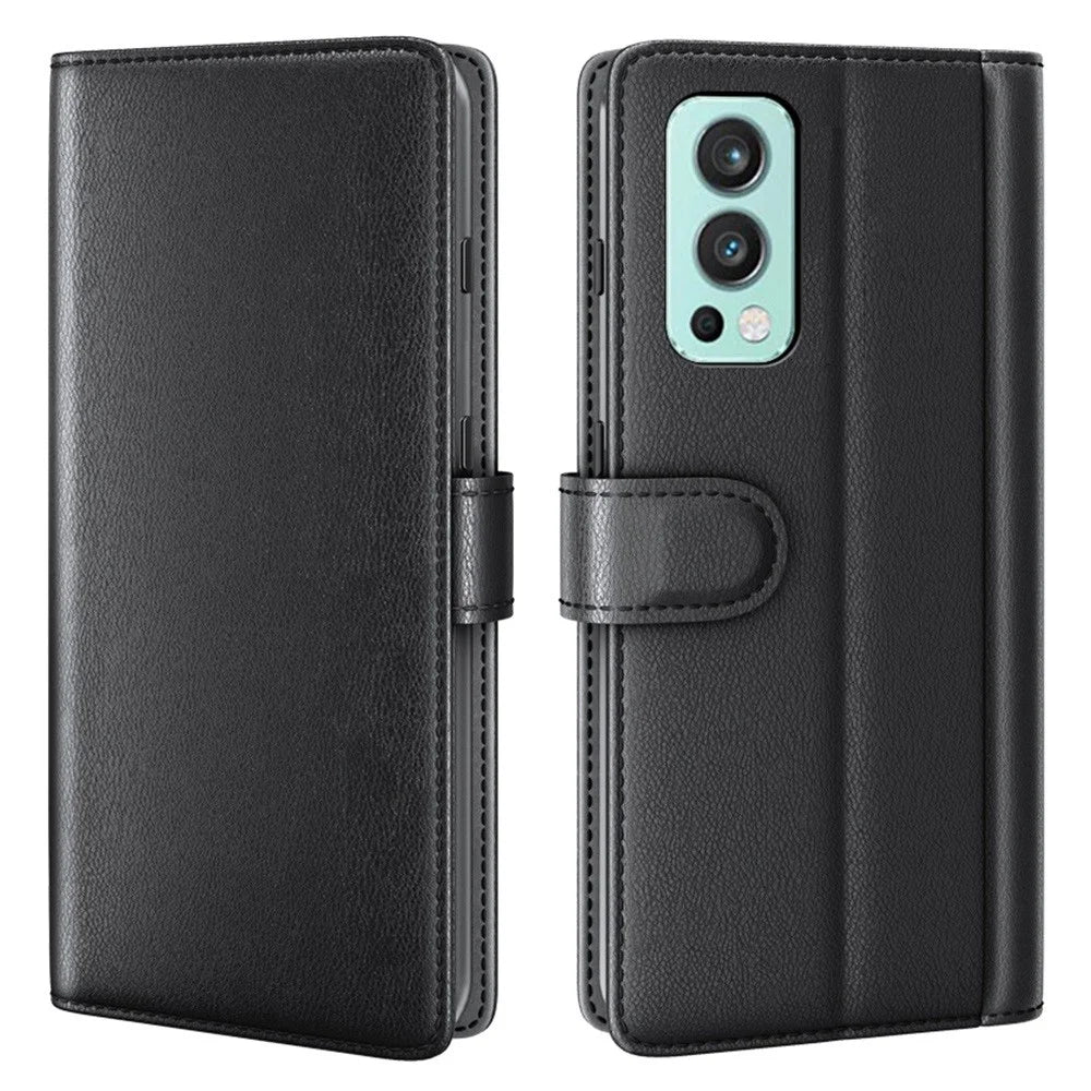 For OnePlus Nord 2 5G Split Leather Genuine Leather Shockproof Wallet Case Mobile Phone Stand Cover - Black - 1