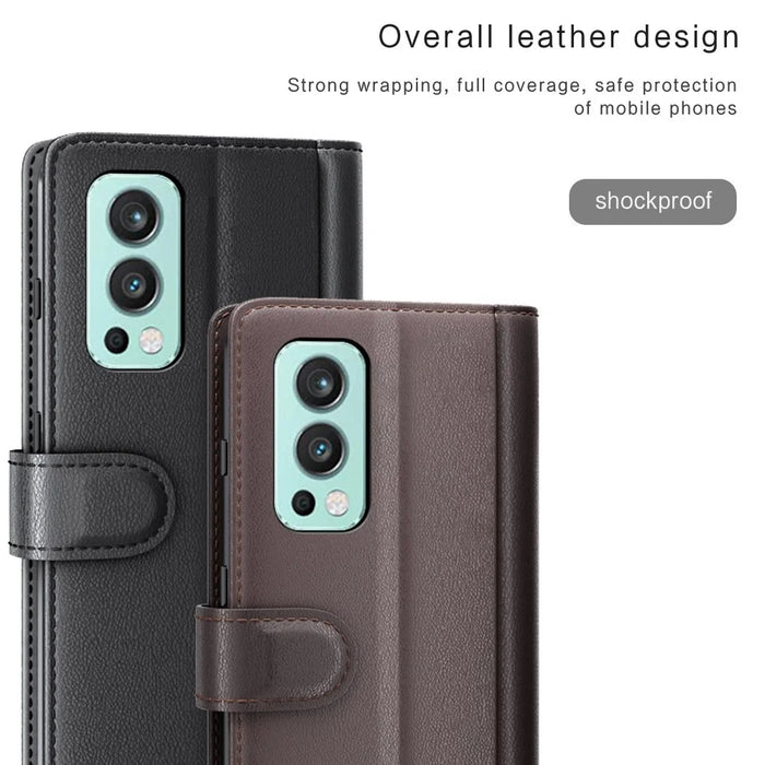 For OnePlus Nord 2 5G Split Leather Genuine Leather Shockproof Wallet Case Mobile Phone Stand Cover - Black - 4