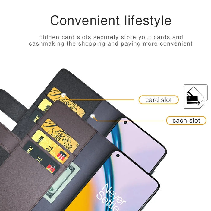 For OnePlus Nord 2 5G Split Leather Genuine Leather Shockproof Wallet Case Mobile Phone Stand Cover - Black - 5