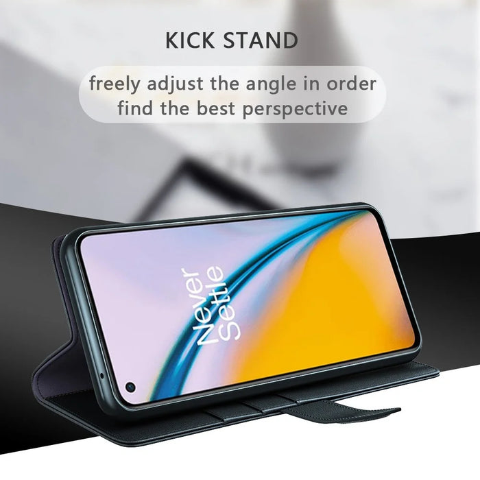 For OnePlus Nord 2 5G Split Leather Genuine Leather Shockproof Wallet Case Mobile Phone Stand Cover - Black - 6