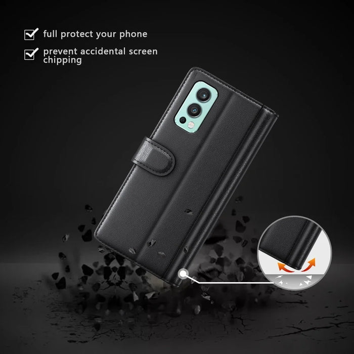 For OnePlus Nord 2 5G Split Leather Genuine Leather Shockproof Wallet Case Mobile Phone Stand Cover - Black - 7