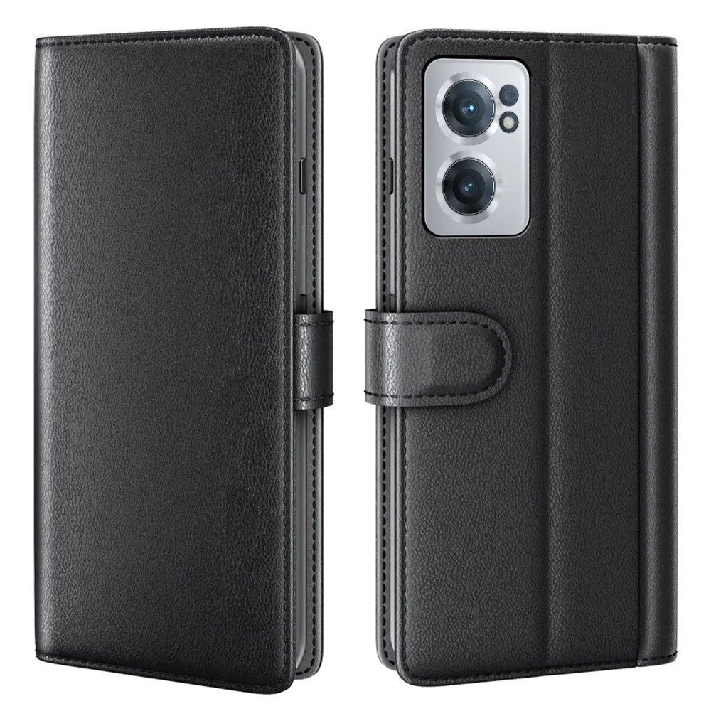 For OnePlus Nord CE 2 5G Drop Proof Wallet Case Split Leather Genuine Leather Folio Flip Stand Cover - Black - 1
