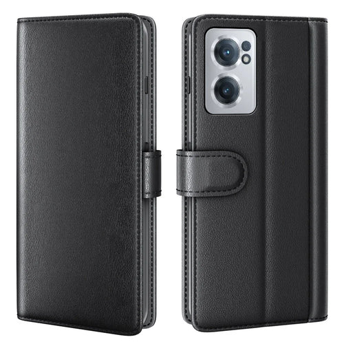 For OnePlus Nord CE 2 5G Drop Proof Wallet Case Split Leather Genuine Leather Folio Flip Stand Cover - Black - 1