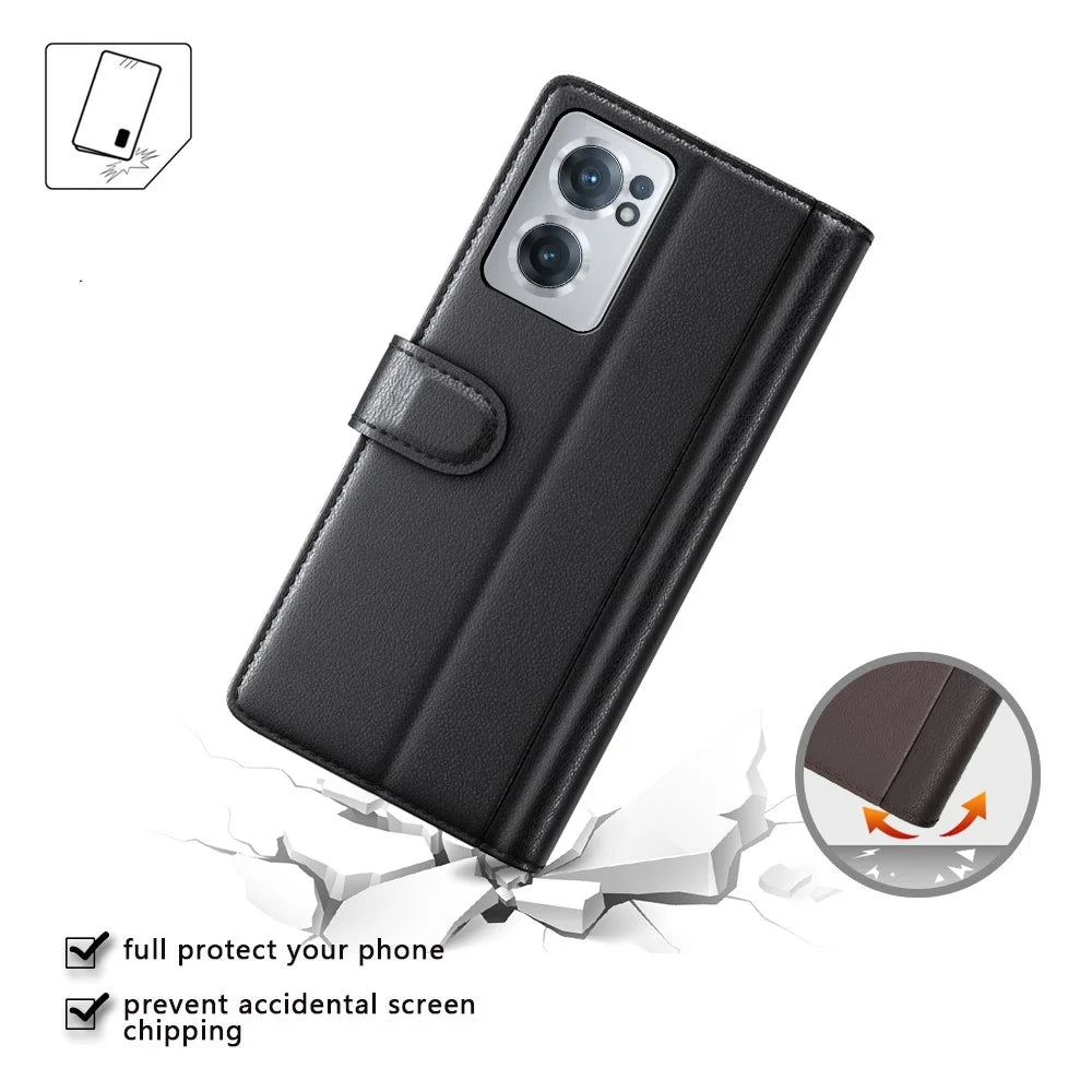 For OnePlus Nord CE 2 5G Drop Proof Wallet Case Split Leather Genuine Leather Folio Flip Stand Cover - Black - 7