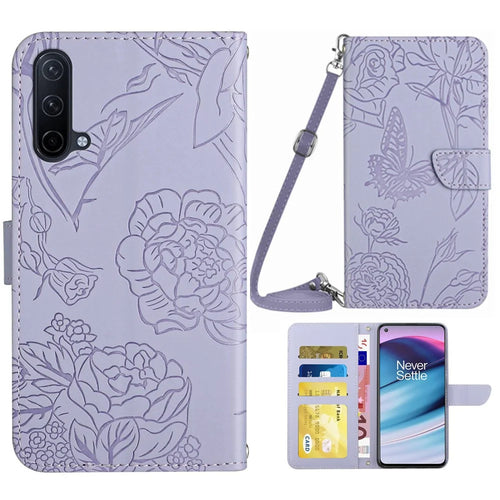 For OnePlus Nord CE 5G/Nord Core Edition 5G Protective Case PU Leather Wallet Case Butterfly Flowers Imprinting Folio Flip Cover Shockproof Stand Shell with Shoulder Strap - Light Purple - 1