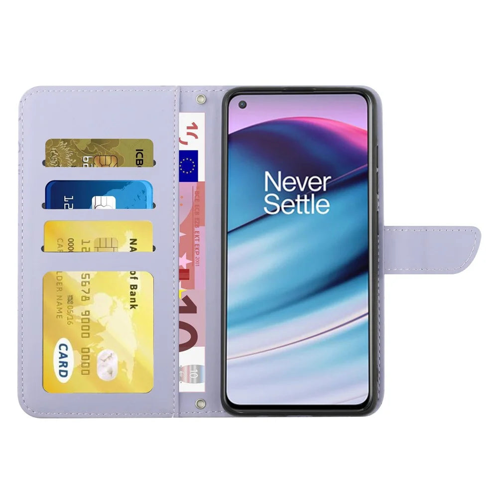 For OnePlus Nord CE 5G/Nord Core Edition 5G Protective Case PU Leather Wallet Case Butterfly Flowers Imprinting Folio Flip Cover Shockproof Stand Shell with Shoulder Strap - Light Purple - 2
