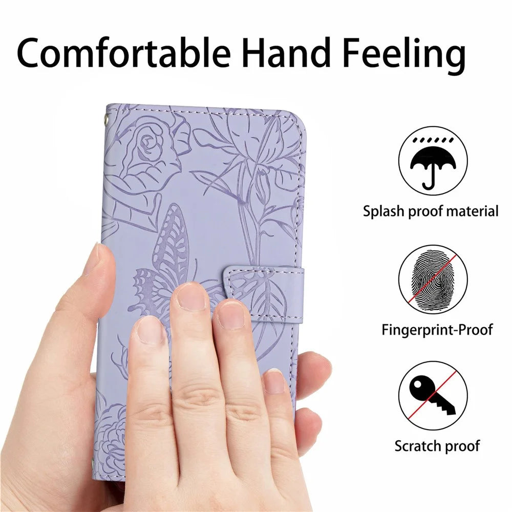 For OnePlus Nord CE 5G/Nord Core Edition 5G Protective Case PU Leather Wallet Case Butterfly Flowers Imprinting Folio Flip Cover Shockproof Stand Shell with Shoulder Strap - Light Purple - 5