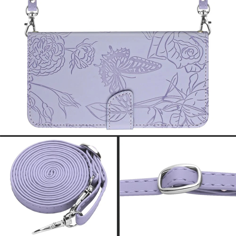 For OnePlus Nord CE 5G/Nord Core Edition 5G Protective Case PU Leather Wallet Case Butterfly Flowers Imprinting Folio Flip Cover Shockproof Stand Shell with Shoulder Strap - Light Purple - 7