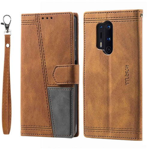 TTUDRCH 004 for OnePlus 8 Pro Splicing Design Skin-touch Feeling Phone Wallet Stand Case RFID Blocking PU Leather Protective Cover - Brown - 1