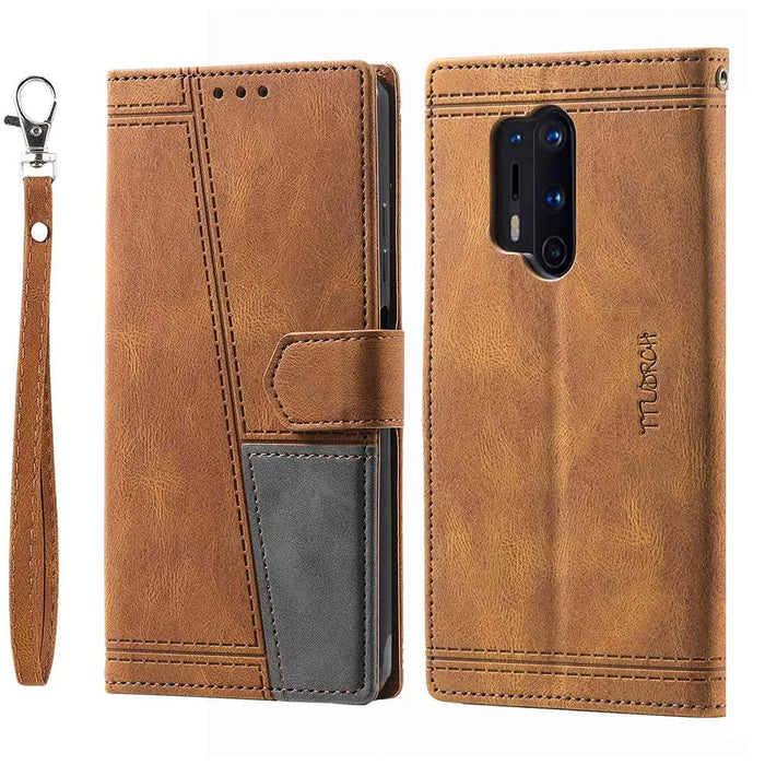 TTUDRCH 004 for OnePlus 8 Pro Splicing Design Skin-touch Feeling Phone Wallet Stand Case RFID Blocking PU Leather Protective Cover - Brown - 1