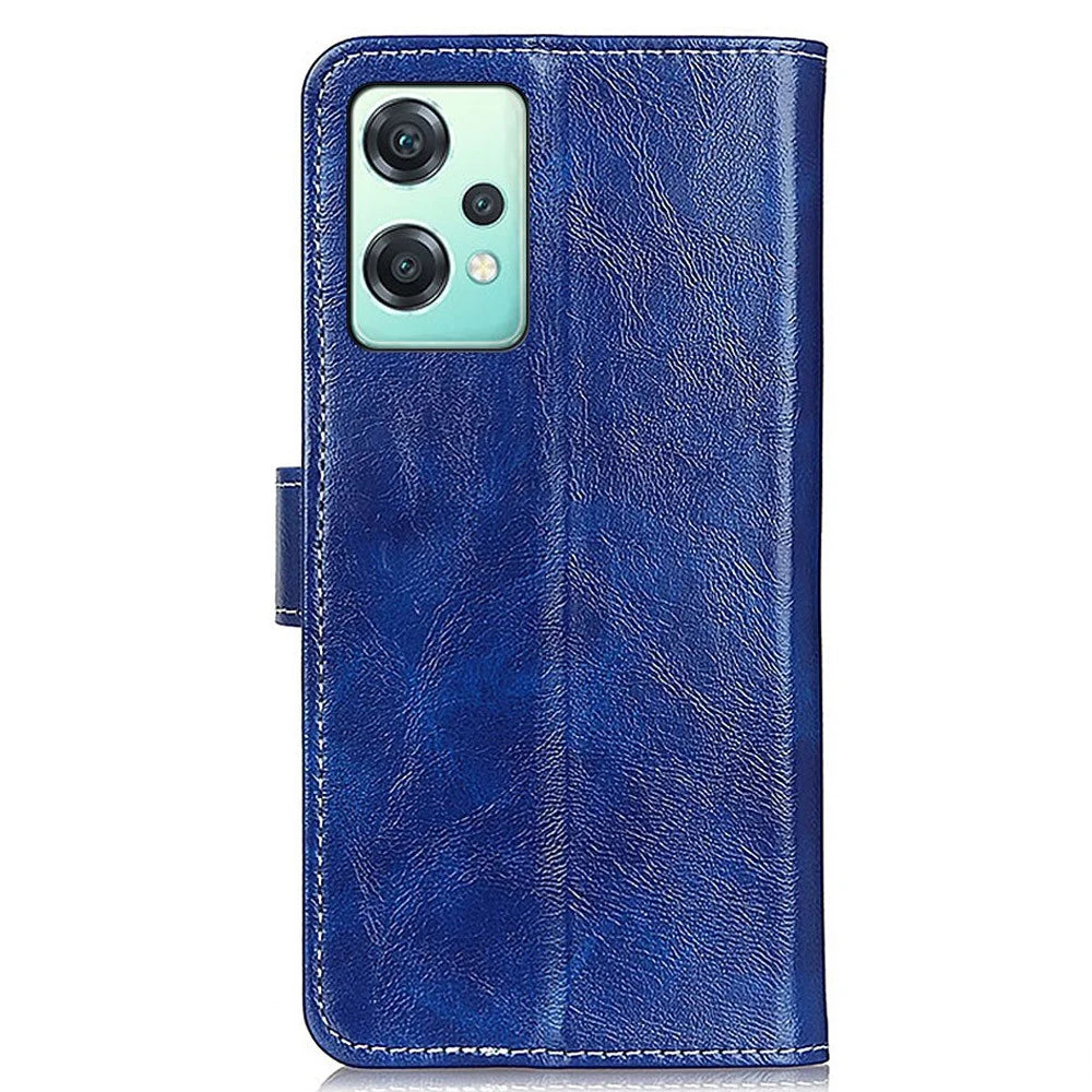 For OnePlus Nord CE 2 Lite 5G PU Leather Folding Stand Phone Cover Retro Crazy Horse Texture Magnetic Full Protection Folio Wallet Case - Blue - 7