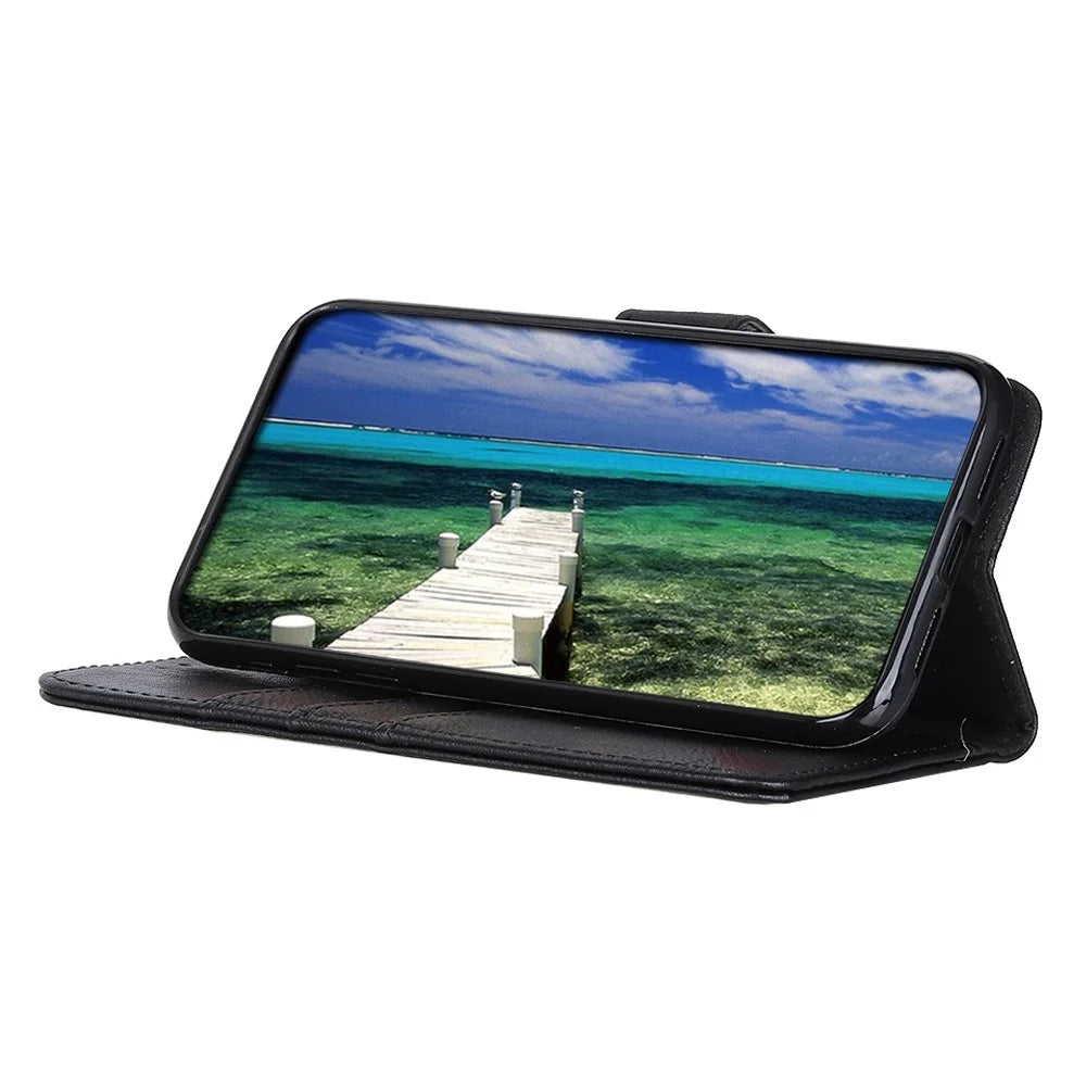 KHAZNEH For OnePlus Nord 2T 5G Textured PU Leather Protective Cover Magnetic Clasp Shockproof Stand Smart Phone Case with Wallet - Black - 3