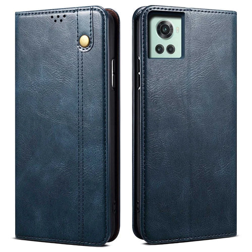 For OnePlus 10R 5G/Ace 5G Shockproof Wallet Style Phone Cover Waxy Crazy Horse Texture Magnetic Auto-absorbed Adjustable Stand Leather Case - Blue - 1