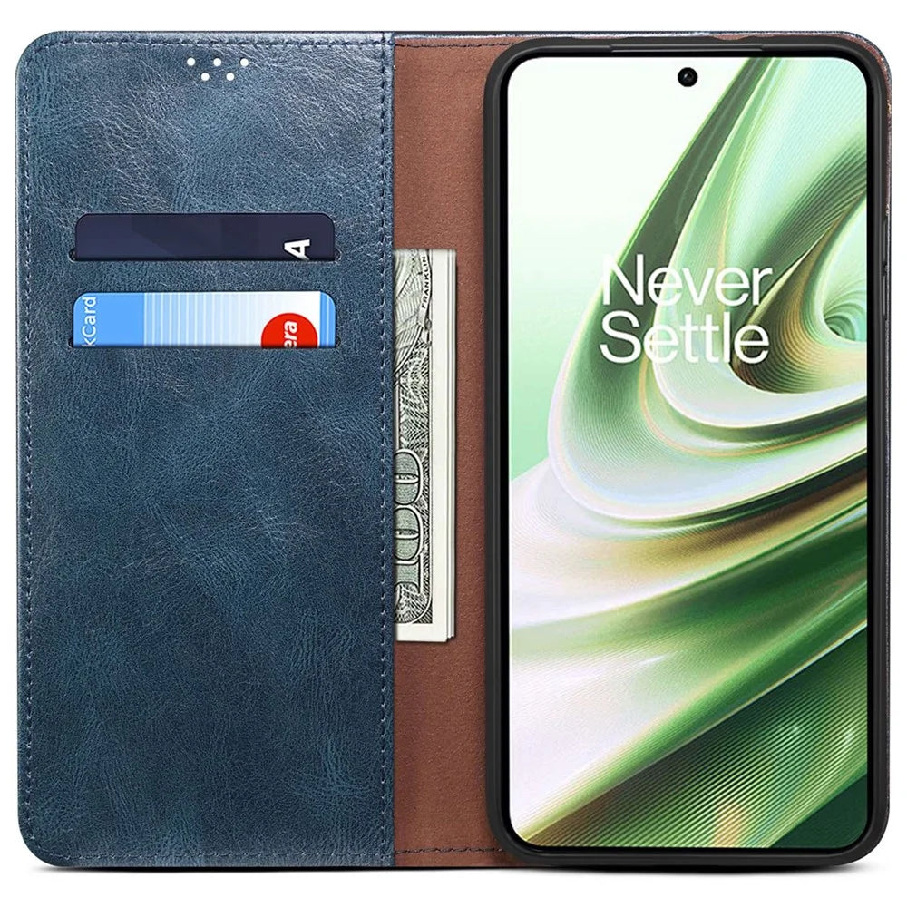 For OnePlus 10R 5G/Ace 5G Shockproof Wallet Style Phone Cover Waxy Crazy Horse Texture Magnetic Auto-absorbed Adjustable Stand Leather Case - Blue - 2