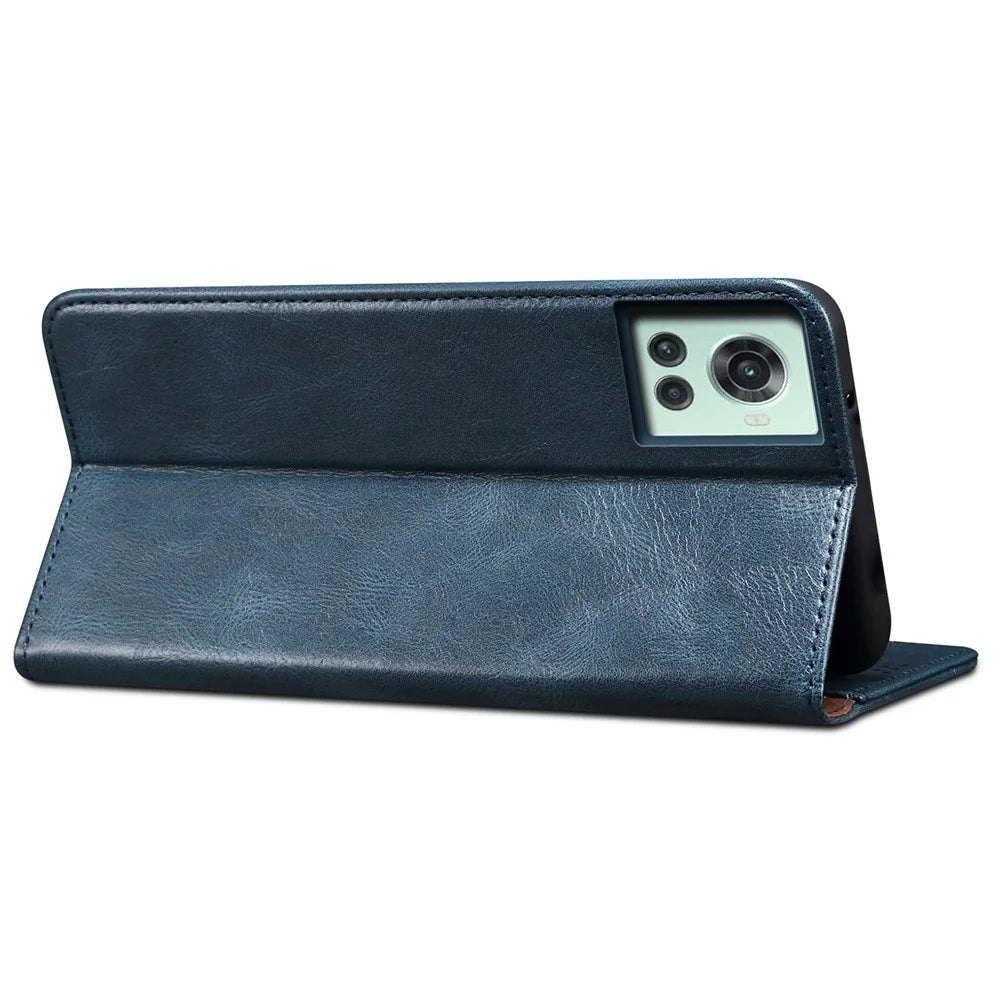 For OnePlus 10R 5G/Ace 5G Shockproof Wallet Style Phone Cover Waxy Crazy Horse Texture Magnetic Auto-absorbed Adjustable Stand Leather Case - Blue - 4