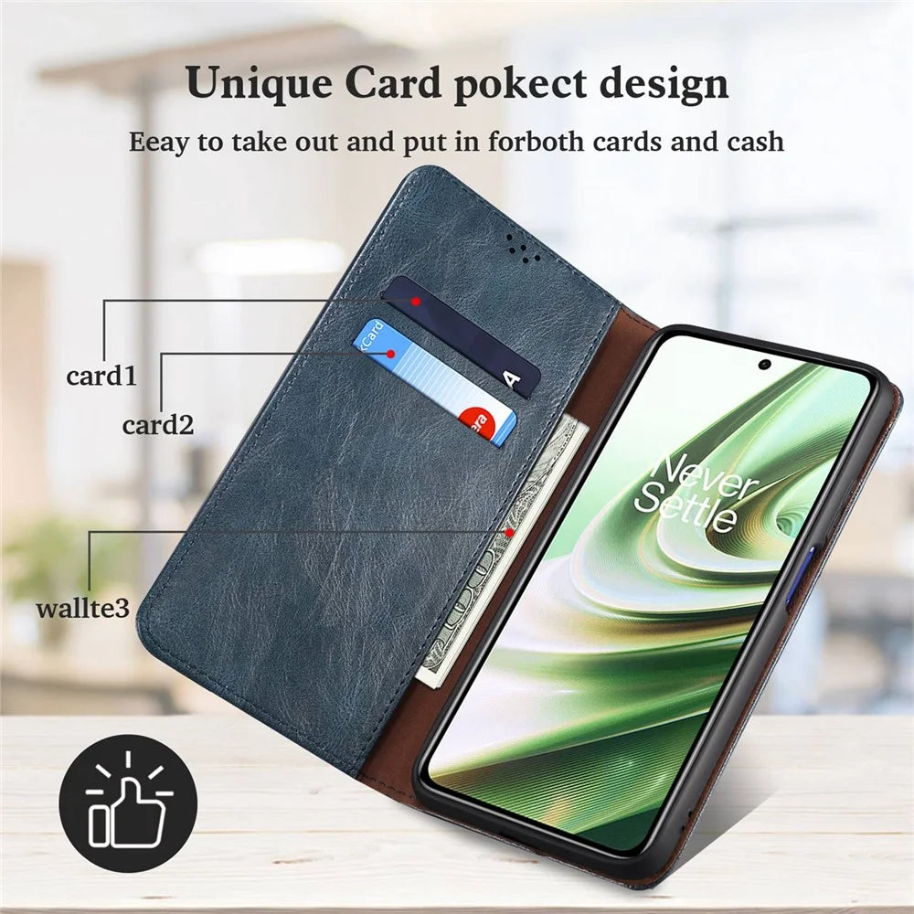 For OnePlus 10R 5G/Ace 5G Shockproof Wallet Style Phone Cover Waxy Crazy Horse Texture Magnetic Auto-absorbed Adjustable Stand Leather Case - Blue - 5