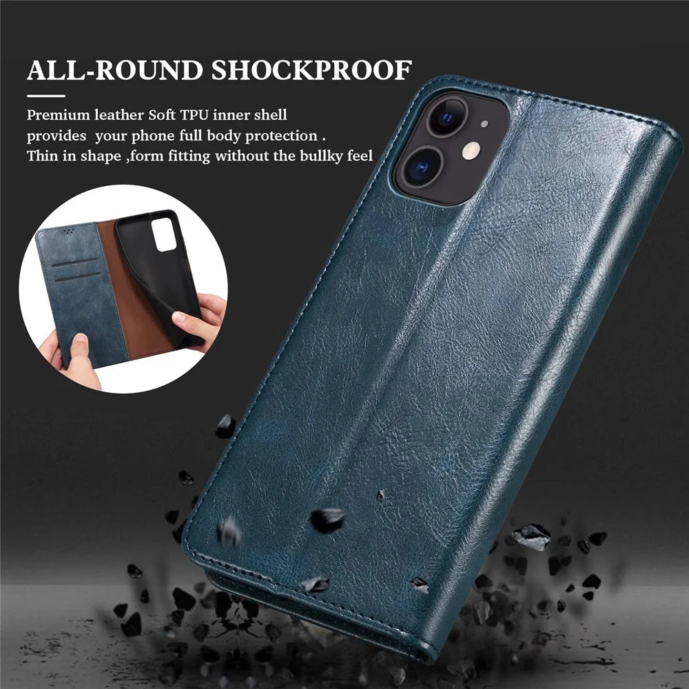 For OnePlus 10R 5G/Ace 5G Shockproof Wallet Style Phone Cover Waxy Crazy Horse Texture Magnetic Auto-absorbed Adjustable Stand Leather Case - Blue - 7