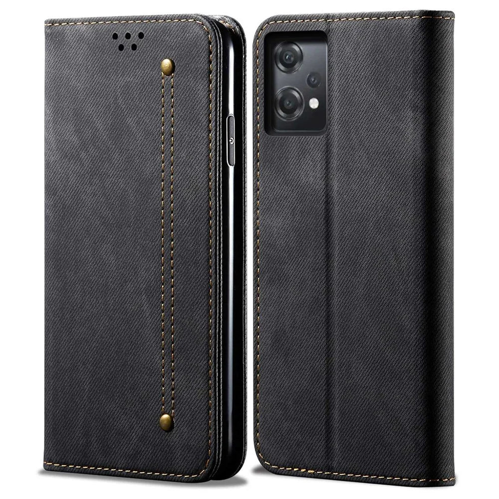 For OnePlus Nord CE 2 Lite 5G Wear-resistant Jeans Cloth Texture Magnetic Suction Case PU Leather Anti-drop Wallet Style Cover with Stand - Black - 1