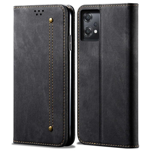 For OnePlus Nord CE 2 Lite 5G Wear-resistant Jeans Cloth Texture Magnetic Suction Case PU Leather Anti-drop Wallet Style Cover with Stand - Black - 1