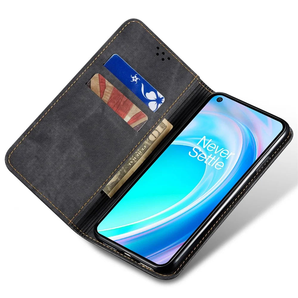 For OnePlus Nord CE 2 Lite 5G Wear-resistant Jeans Cloth Texture Magnetic Suction Case PU Leather Anti-drop Wallet Style Cover with Stand - Black - 2