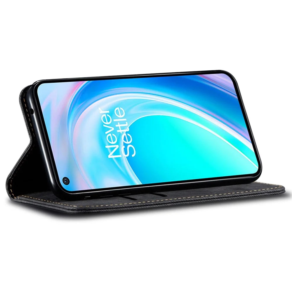 For OnePlus Nord CE 2 Lite 5G Wear-resistant Jeans Cloth Texture Magnetic Suction Case PU Leather Anti-drop Wallet Style Cover with Stand - Black - 3