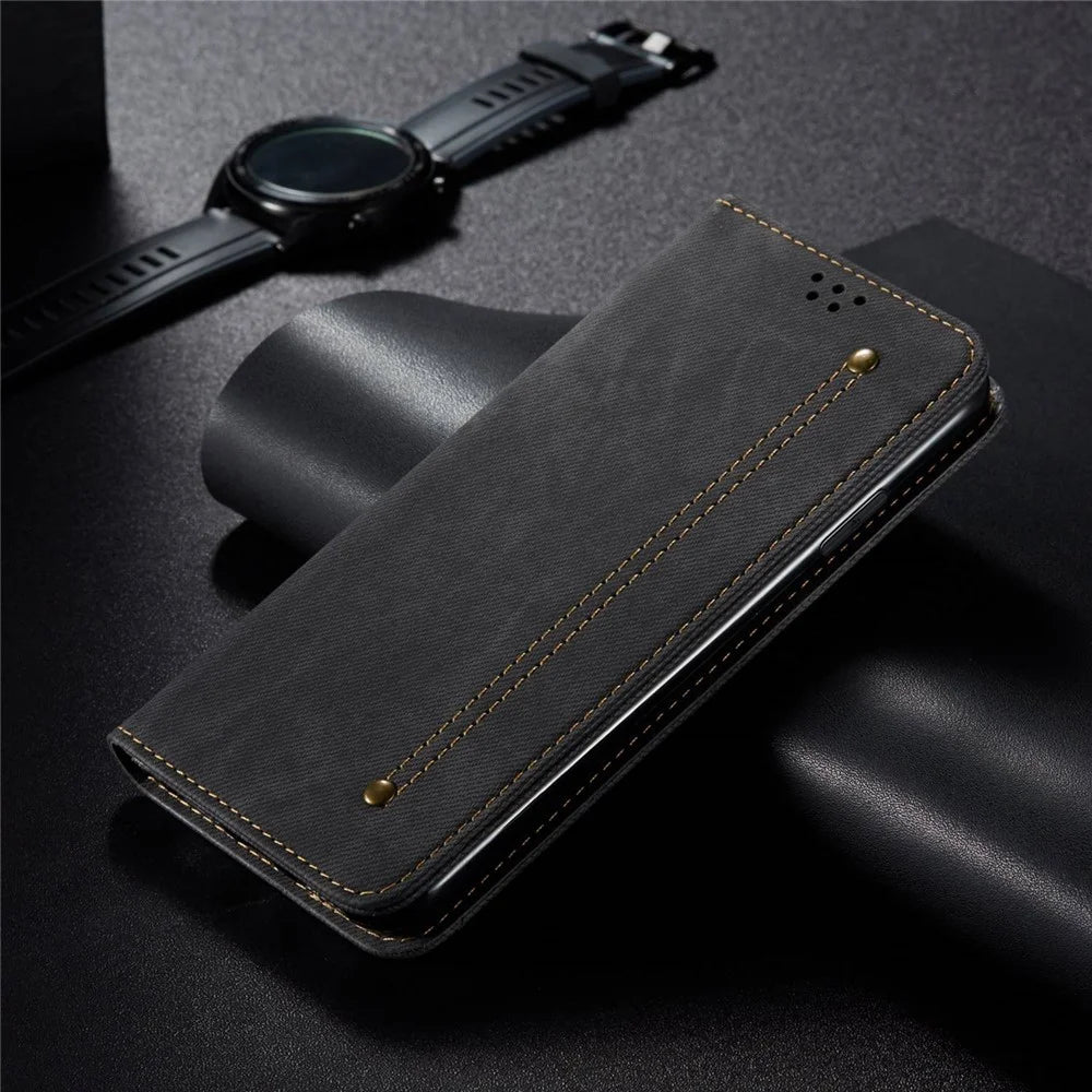 For OnePlus Nord CE 2 Lite 5G Wear-resistant Jeans Cloth Texture Magnetic Suction Case PU Leather Anti-drop Wallet Style Cover with Stand - Black - 4