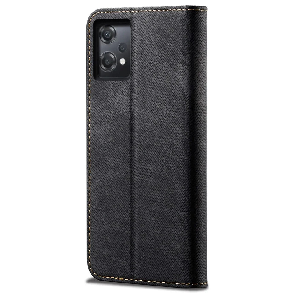 For OnePlus Nord CE 2 Lite 5G Wear-resistant Jeans Cloth Texture Magnetic Suction Case PU Leather Anti-drop Wallet Style Cover with Stand - Black - 6