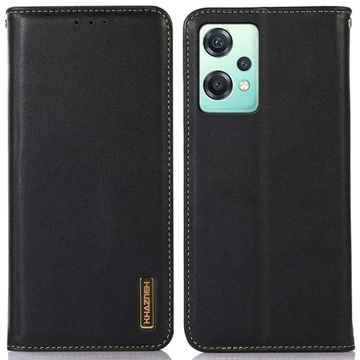 KHAZNEH For OnePlus Nord CE 2 Lite 5G Nappa Texture Genuine Cowhide Leather Flip Cover Magnetic Auto-absorbed Stand Book Folding Folio Wallet Case - Black - 1