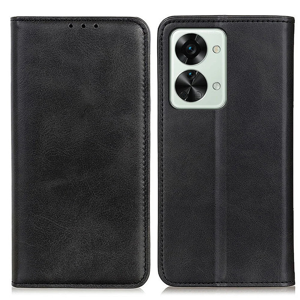 Auto-Absorbed Split Leather Phone Protective Cover for OnePlus Nord 2T 5G, Wallet Stand Design Phone Shell - Black - 1