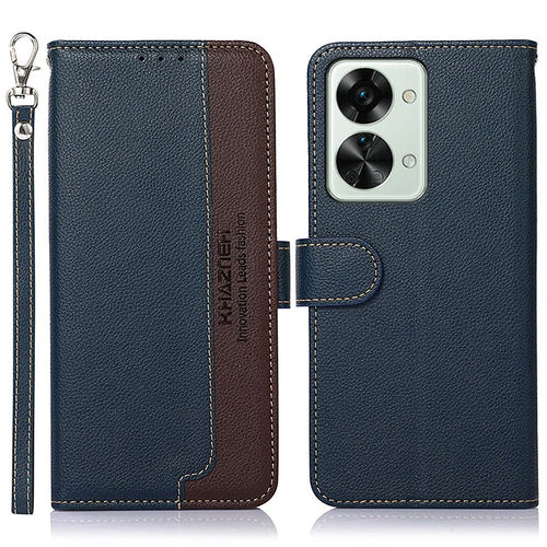 KHAZNEH RFID Blocking Litchi Texture PU Leather Case for OnePlus Nord 2T 5G, Wallet Phone Stand Case with Handy Strap - Blue - 1