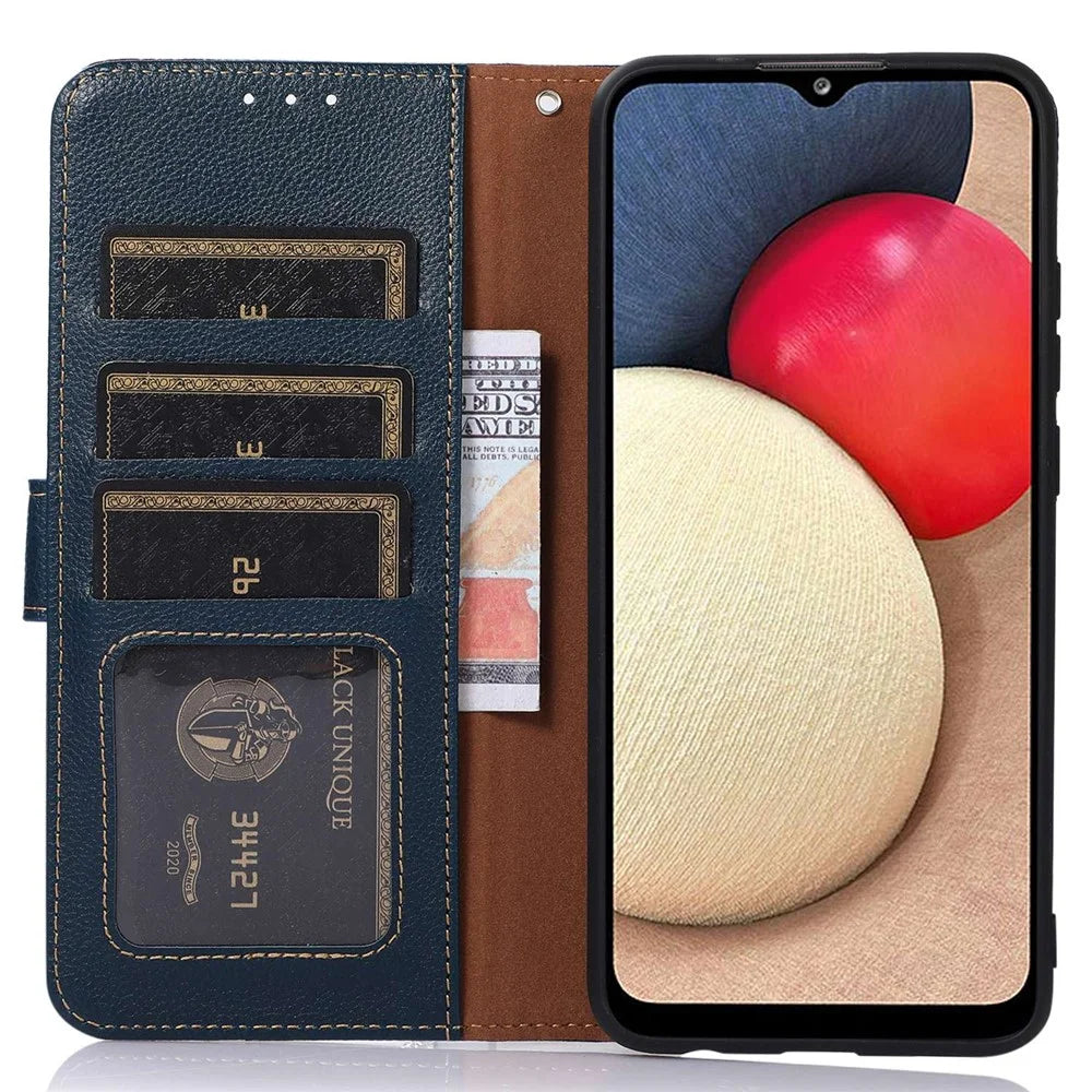 KHAZNEH RFID Blocking Litchi Texture PU Leather Case for OnePlus Nord 2T 5G, Wallet Phone Stand Case with Handy Strap - Blue - 3