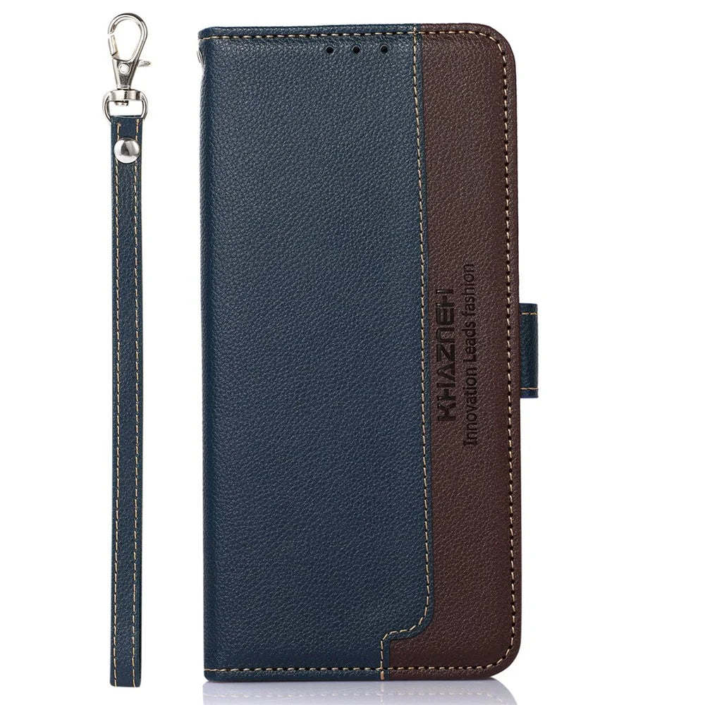 KHAZNEH RFID Blocking Litchi Texture PU Leather Case for OnePlus Nord 2T 5G, Wallet Phone Stand Case with Handy Strap - Blue - 6