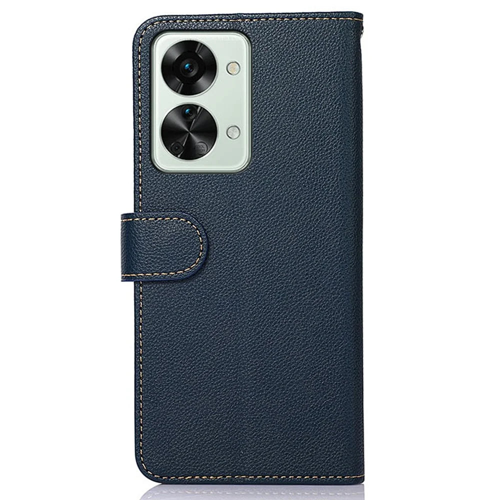 KHAZNEH RFID Blocking Litchi Texture PU Leather Case for OnePlus Nord 2T 5G, Wallet Phone Stand Case with Handy Strap - Blue - 7
