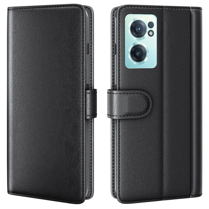 For OnePlus Nord CE 2 5G Case Genuine Split Leather Phone Cover with Wallet Stand - Black - 1