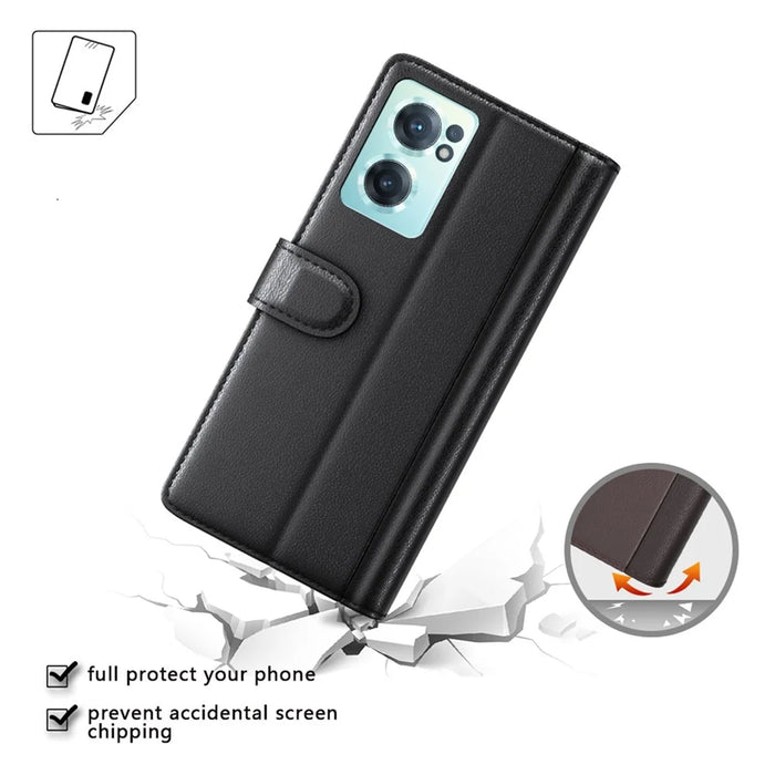 For OnePlus Nord CE 2 5G Case Genuine Split Leather Phone Cover with Wallet Stand - Black - 7