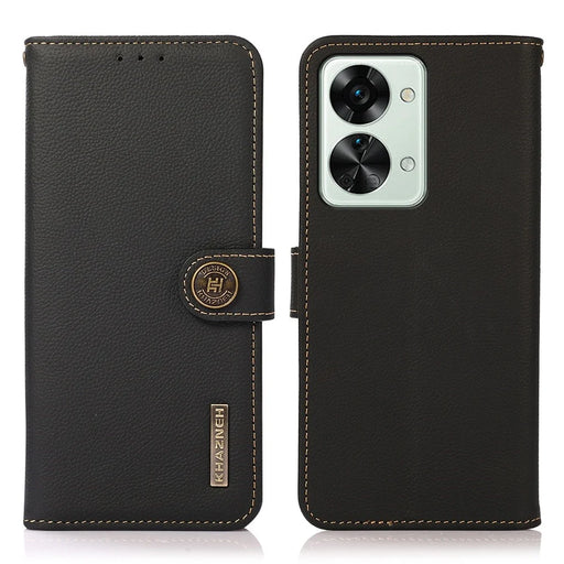 KHAZNEH For OnePlus Nord 2T 5G RFID Blocking Genuine Leather Wallet Case TPU Shockproof Interior Shell Stand Flip Cover - Black - 1
