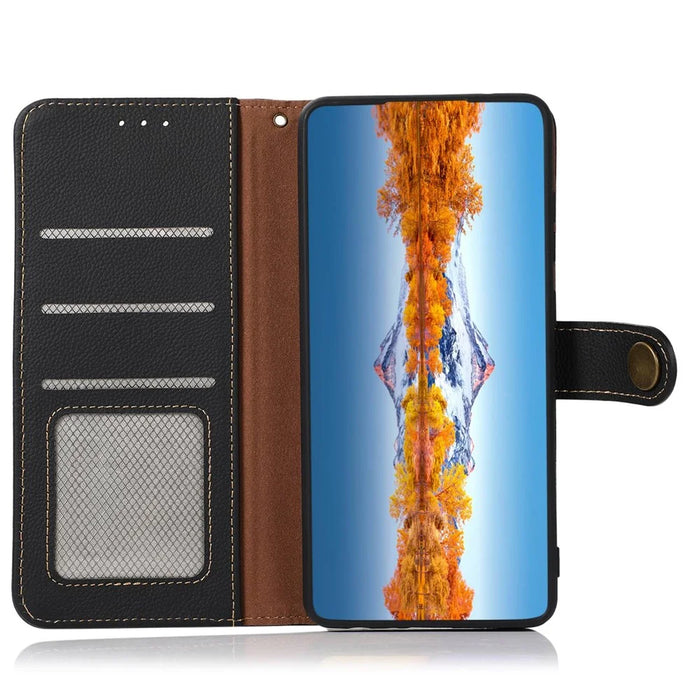 KHAZNEH For OnePlus Nord 2T 5G RFID Blocking Genuine Leather Wallet Case TPU Shockproof Interior Shell Stand Flip Cover - Black - 4