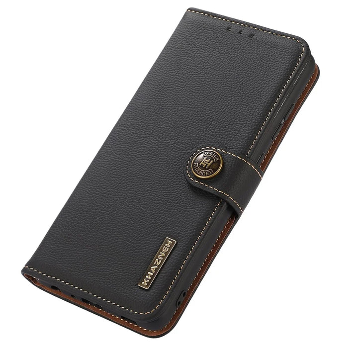 KHAZNEH For OnePlus Nord 2T 5G RFID Blocking Genuine Leather Wallet Case TPU Shockproof Interior Shell Stand Flip Cover - Black - 5