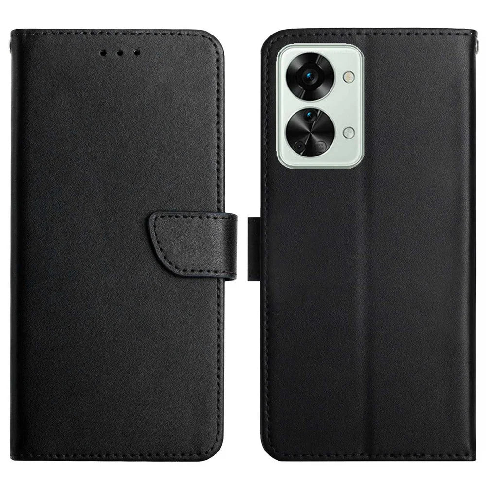 For OnePlus Nord 2T 5G Genuine Leather Case Nappa Texture Stand Wallet Style Shockproof TPU Full Protection Magnetic Cover - Black - 1