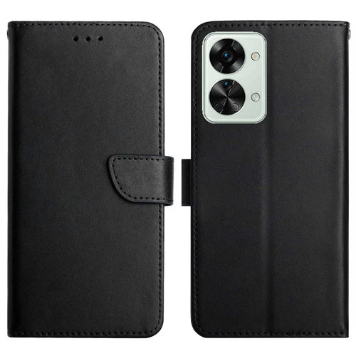 For OnePlus Nord 2T 5G Genuine Leather Case Nappa Texture Stand Wallet Style Shockproof TPU Full Protection Magnetic Cover - Black - 1