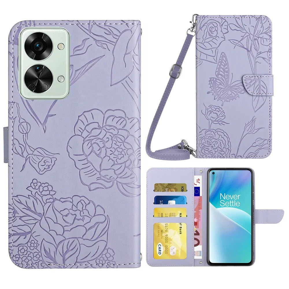 For OnePlus Nord 2T 5G Butterfly Flowers Pattern Imprinted Wallet Phone Cover PU Leather Stand Case with Shoulder Strap - Light Purple - 1
